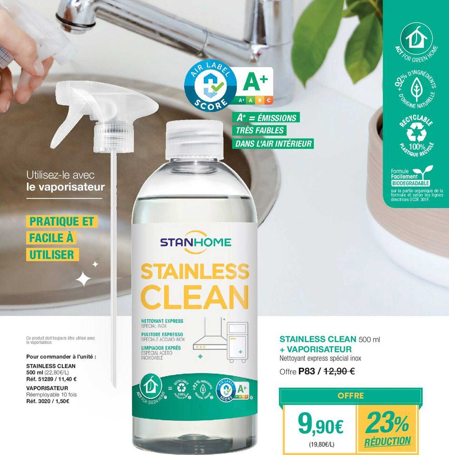 stainless clean + vaporisateur nettoyant express spécial inox