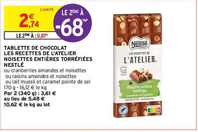 tablette de chocolat les recettes de l'atelier noisettes entières torréfiées nestlé