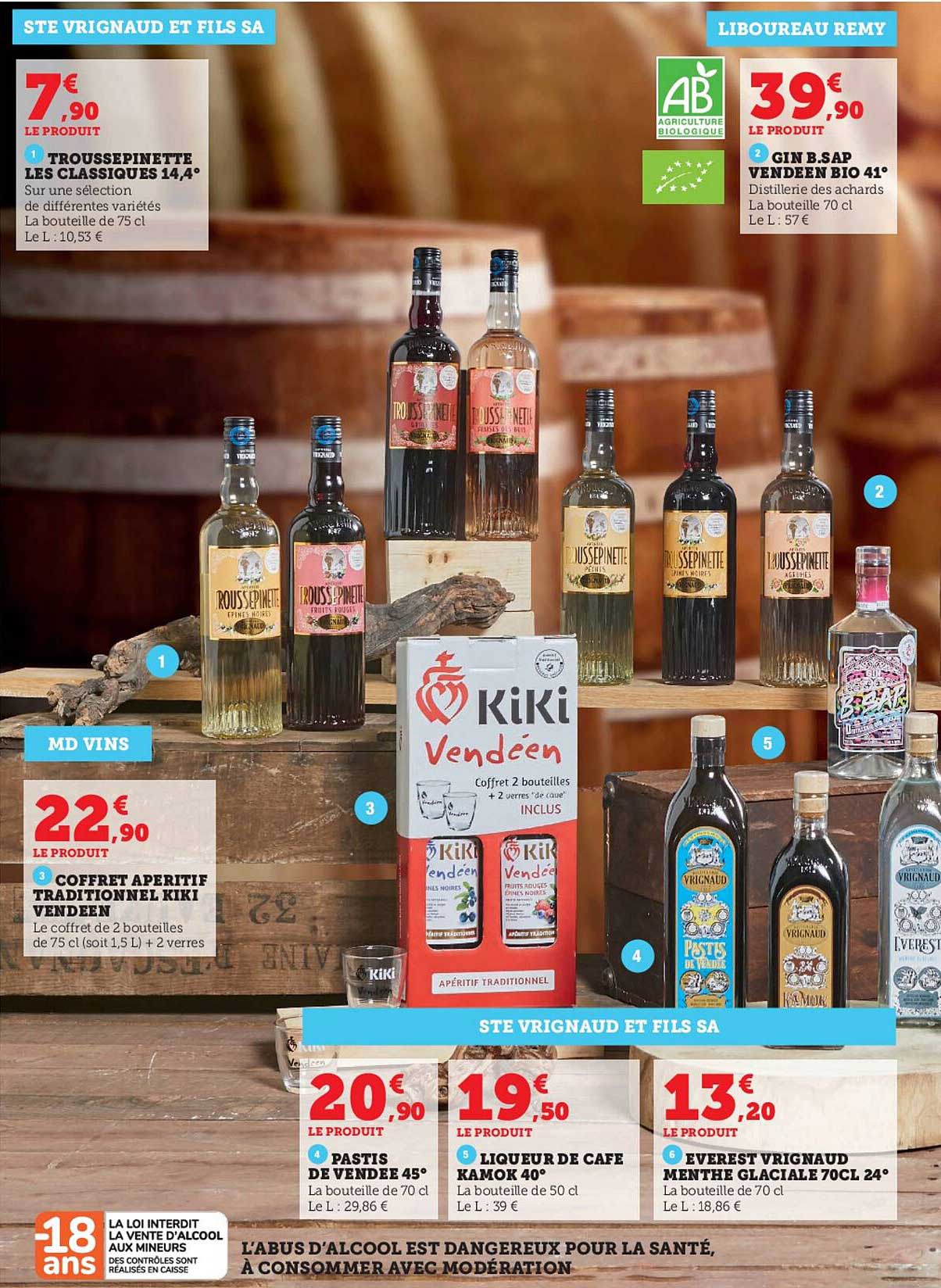 troussepinette les classiques 14,4°, coffret apéritif traditionnel kiki vendéen, pastis de vendée 45°, liqueur de café kamok 40°, everest vrignaud menthe glaciale 70cl 24°, gin b.sap vendéen bio 41°