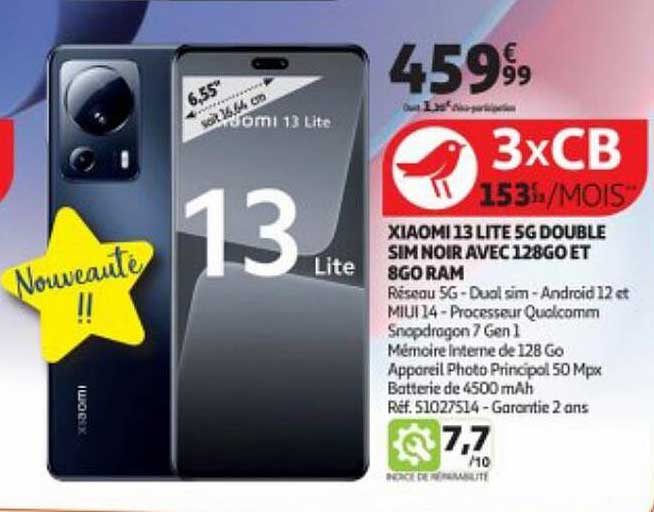 xiaomi 13 lite 5g double sim noir avec 128g et 8go ram