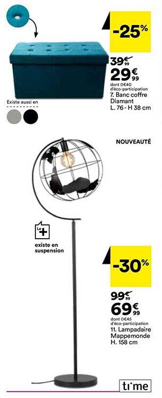 banc coffre diamant l. 76 - h 38 cm lampadaire mappemonde h. 158 cm