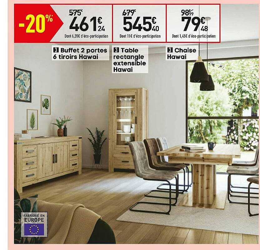 Buffet 2 Portes 6 Tiroirs Hawai Table Rectangle Extensible Hawai Chaise Hawai