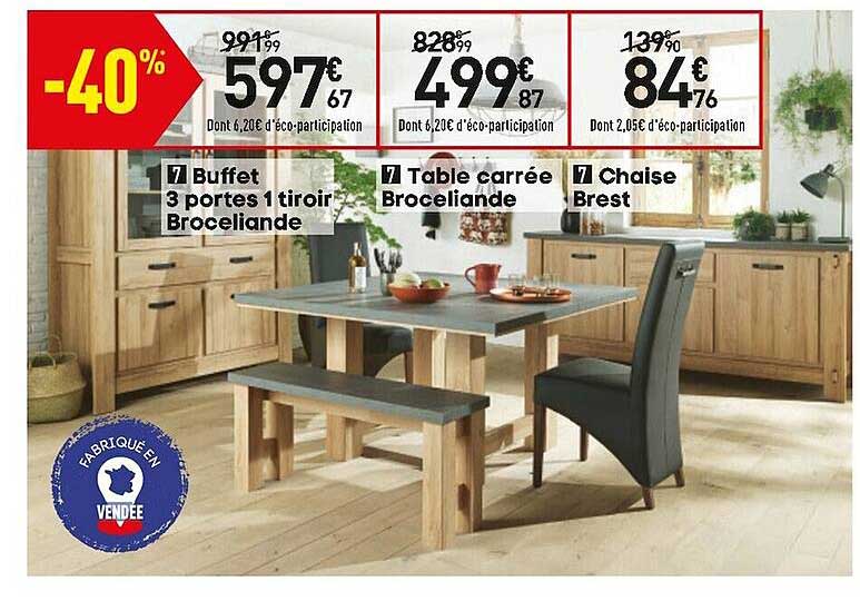 Buffet 3 Portes 1 Tiroir Broceliande Table Carrée Broceliande Chaise Brest