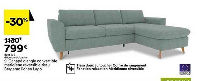 canapé d'angle convertible méridiene réversible tissu bergamo lichen lago