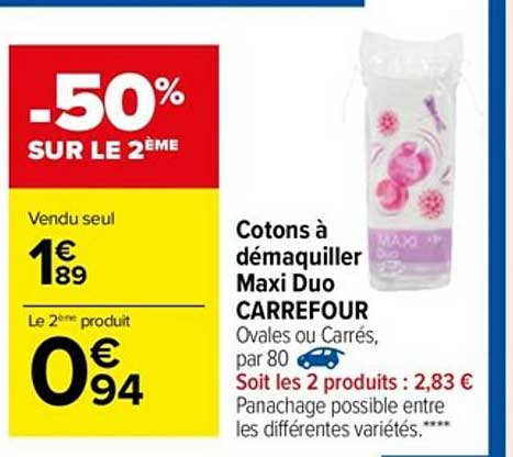 Cotons à Démaquiller Maxi Duo Carrefour -50% Sur Le 2ème
