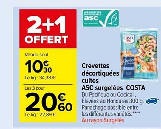 Crevettes Décortiquées Cuites Asc Surgelées Costa 2+1 Offert