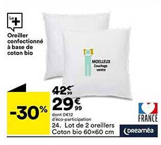lot de 2 oreillers coton bio 60x60 cm dreaméa