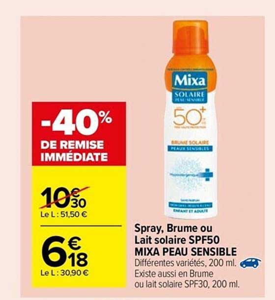 spray brume ou lait solaire spf50 mixa peau sensible -40% de remise immédiate