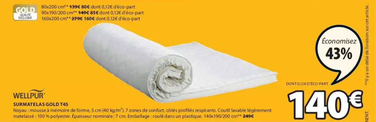 wellpur surmatelas gold t45