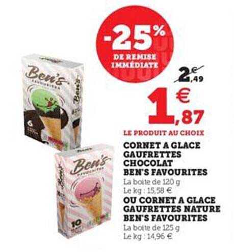 -25% de remise immédiate cornet a glace gaufrettes chocolat ben's favourites ou cornet a glace gaufrettes nature ben's favourites
