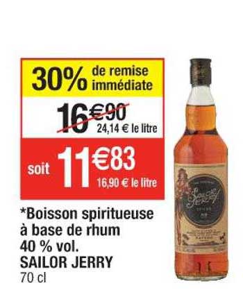 Boisson Spiritueuse à Base De Rhum 40% Vol Sailor Jerry 30% De Remise Immédiate