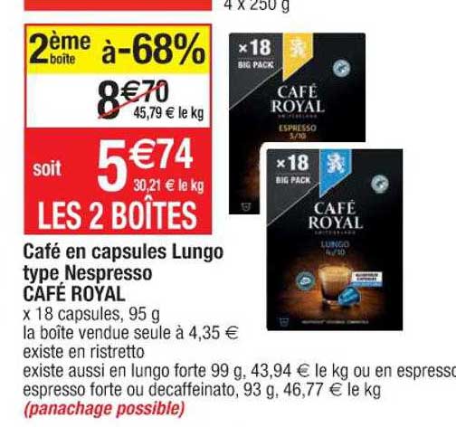 café en caspules lungo type nespresso café royal 2ème boîte à -60%