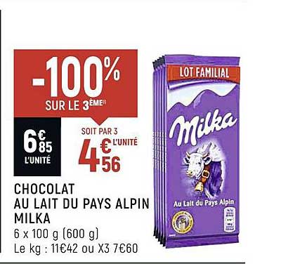 chocolat au lait du pays alpin milka -100% sur le 3ème
