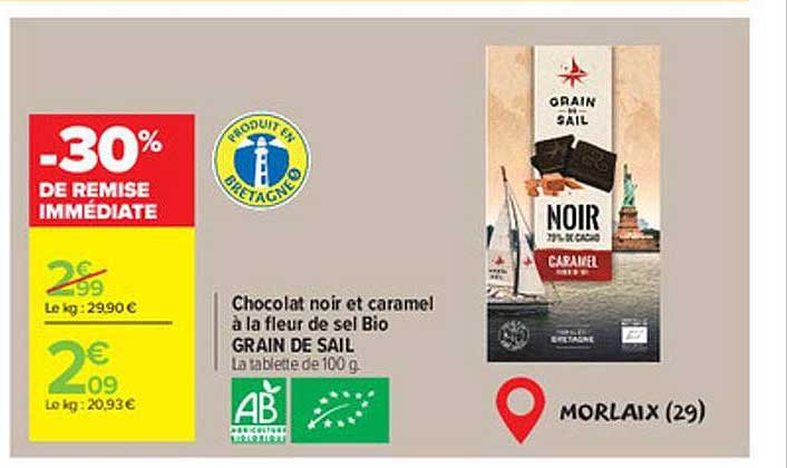 chocolat noir e caramel à la fleur de sel bio grain de sail -30% de remise immédiate