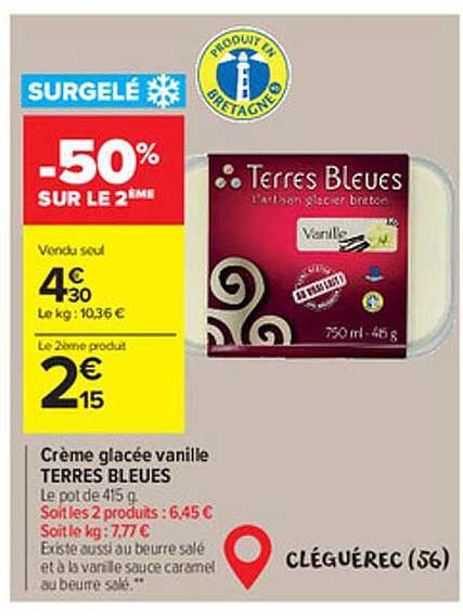 Crème Glacée Vanille Terres Bleues -50% Sur Le 2ème