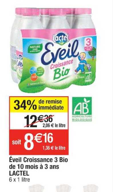 éveil croissance 3 bio de 10 mois à 3 ans lactel 34% de remise immédiate