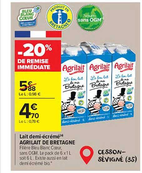 lait demi-écrémé agrilait de bretagne -20% de remise immédiate