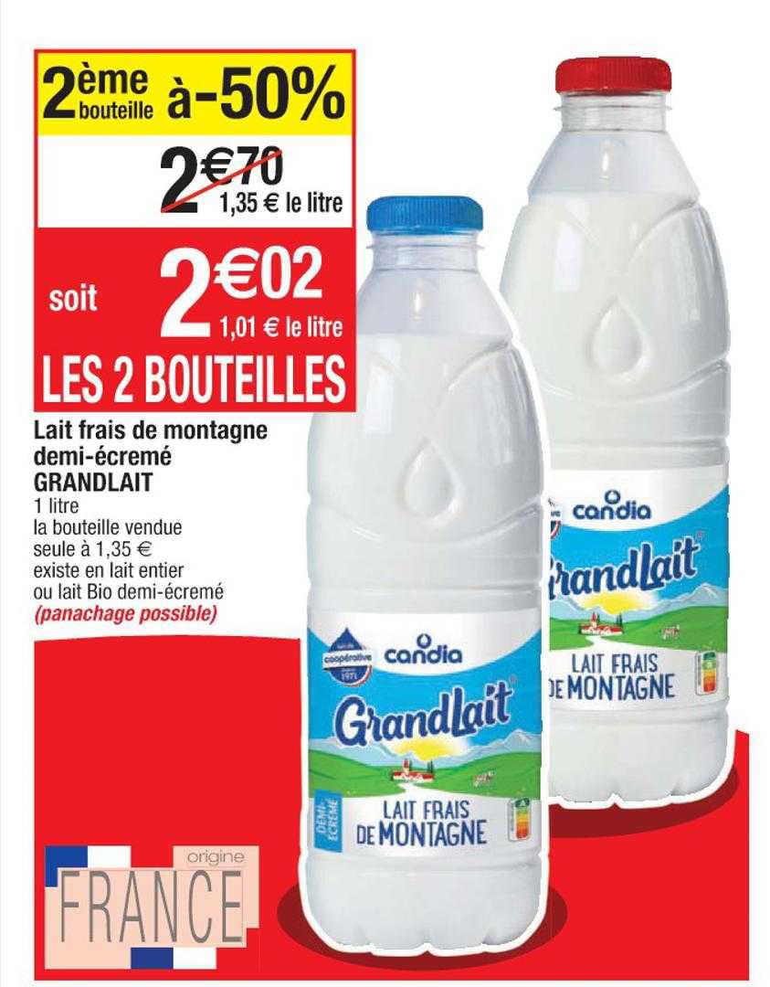 lait frais de montagne demi-écremé grandlait 2ème bouteille à -50%