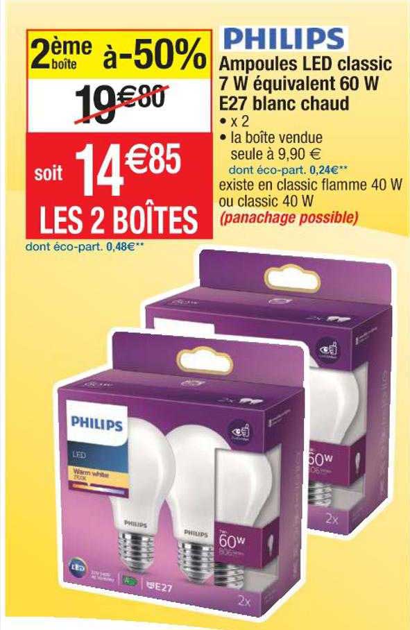 philips ampoules led classic 7 w équivalent 60 w e27 blanc chaud 2ème boîte à -50%