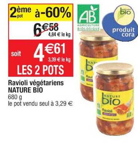 ravioli végétariens nature bio 2ème pot à -60%