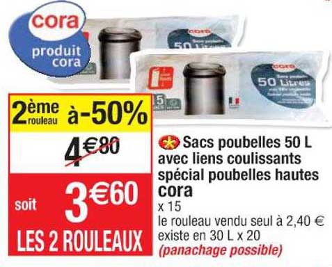 sacs poubelles 50l avec liens coulissants spécial poubelles hautes cora 2ème rouleau à -50%