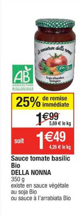 sauce tomate basilic bio della nonna 25% de remise immédiate