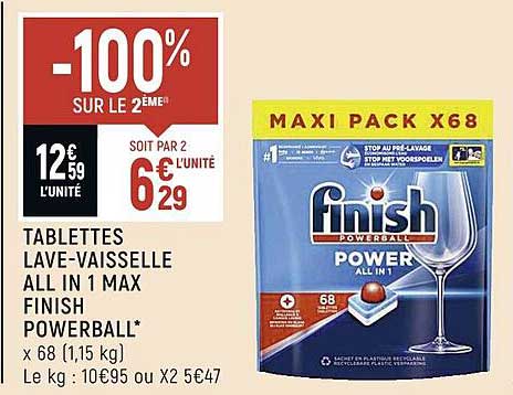 tablettes lave-vaisselle all in 1 max finish powerball -100% sur le 2ème