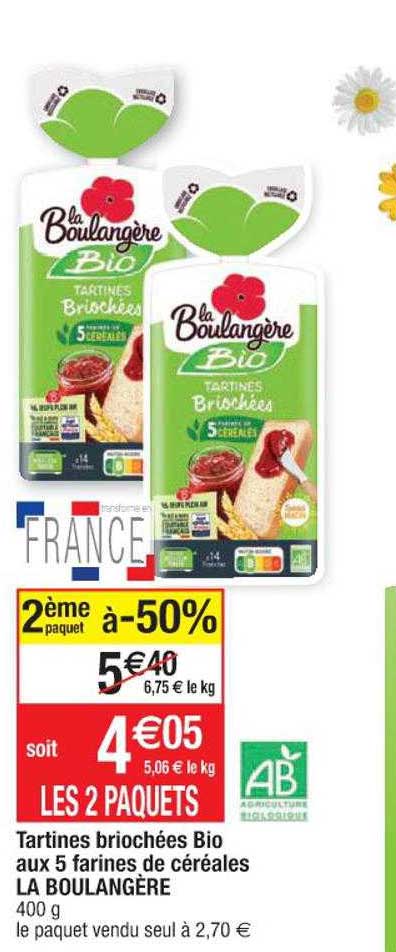 tartines briochées bio aux 5 farines de céréales la boulangère
