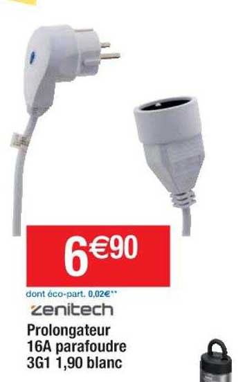 zenitech prolongateur 16a parafoudre 3g1 1.90 blanc