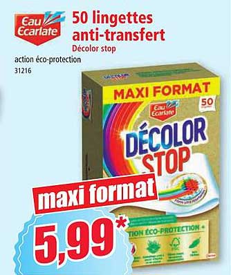 50 lingettes anti-transfert décolor stop eau écarlate