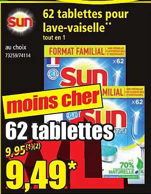 62 tablettes pour lave-vaisselle tout en 1 sun
