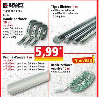 bande perforée kraft werkzeuge, tiges filetées 1 m kraft werkzeuge, profilé d'angle 1 m kraft werkzeuge, bande perforée ondulée 10 m kraft werkzeuge