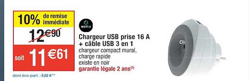 chargeur usb prise 16A + câble usb 3 en 1