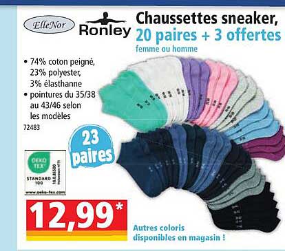 chaussettes sneaker, 20 paires + 3 offertes femme ou homme elleNor, ronley