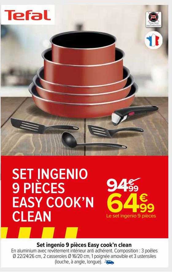 set ingenio 9 pièces easy cook'n clean tefal