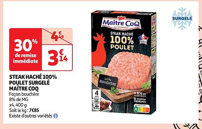 steak haché 100% poulet surgelé maître coq