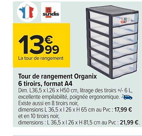tour de rangement organix 6 tiroirs, format A4