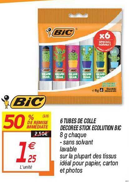 6 tubes de colle décorées stick ecolution bic 50% de remise immédiate