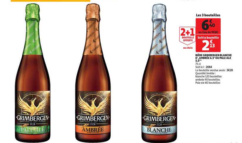 bière grimbergen blanche 6° ambrée 6.5° ou pale ale 5.5° 2+1 bouteille offerte
