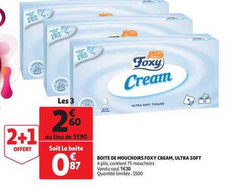 boite de mouchoirs foxy cream ultra soft 2+1 offert