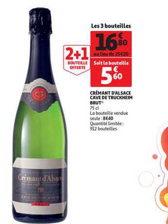 Crémant D'alasace Cave De Truckheim Brut 2+1 Bouteille Offerte