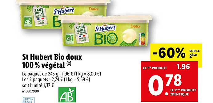 st hubert bio doux 100% végétal -60% sur le 2e