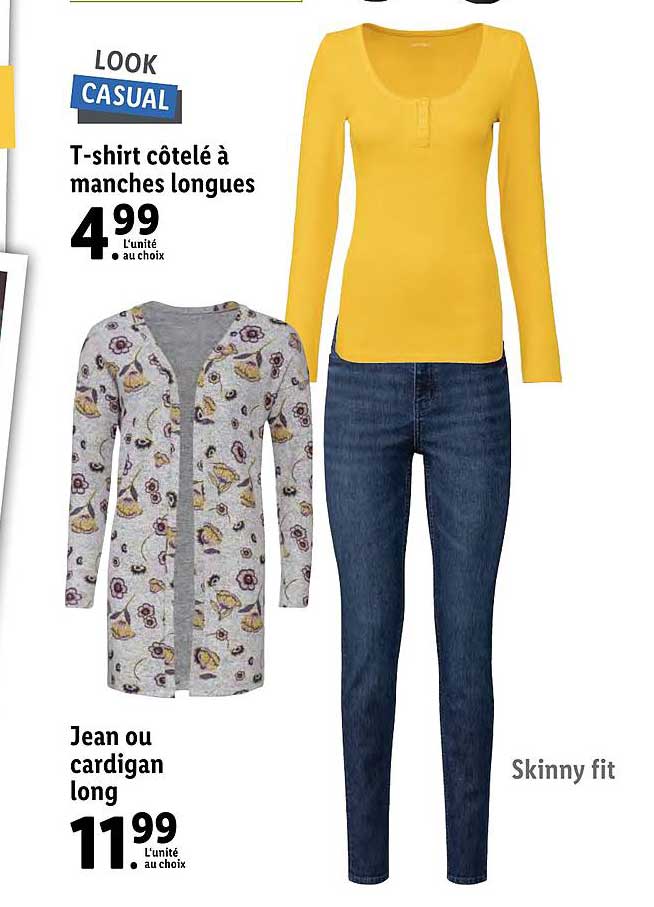 teeshirt côtelé à manche longues ou jean ou cardigan long look casual