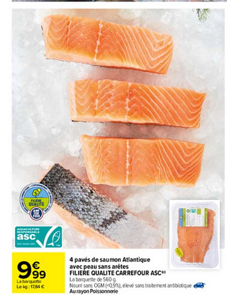 4 pavés de saumon atlantique avec peau sans arêtes filière qualité carrefour asc