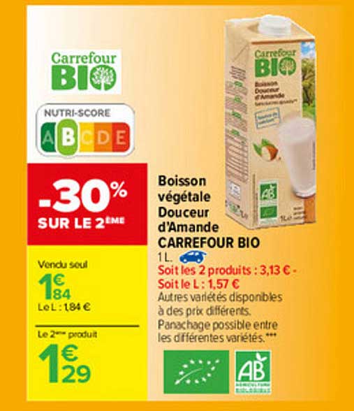 boisson végétale douceur d'amande carrefour bio -30% sur le 2ème