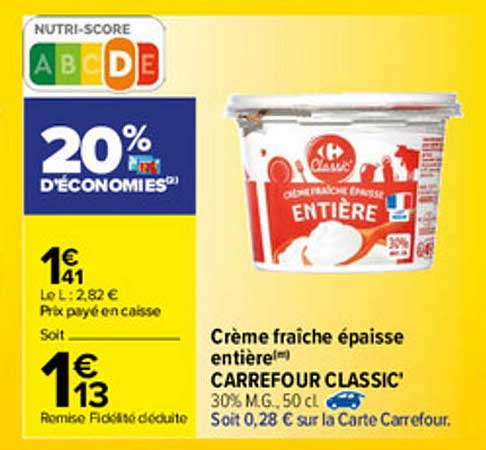 Crème Fraîche épaisse Entière Carrefour Classic