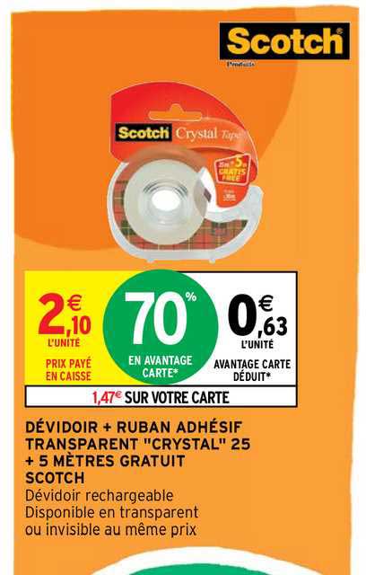 dévidoir + ruban adhésif transparent "crystal" 25 + 5 mètres gratuit scotch