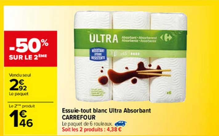 essuie-tout blanc ultra absorbant carrefour -50% sur le 2ème