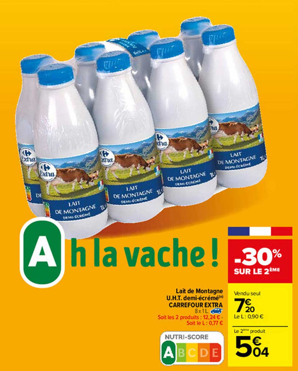 lait de montagne u.h.t. demi-écrémé carrefour extra -30% sur le 2ème