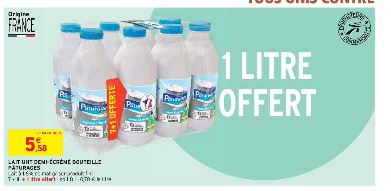 lait uht demi-écrémé bouteille pâturages